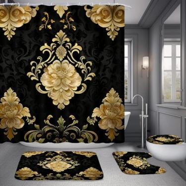 Imagem de NBVKO Conjunto de 4 peças de cortina de chuveiro com padrão de flor dourada damasco de luxo com 12 ganchos tapetes antiderrapantes, tampa de vaso sanitário e tapete de banho, decoração de banheiro