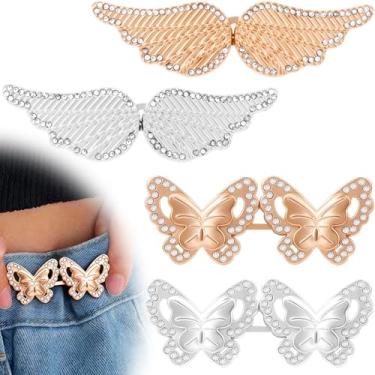 Imagem de YALOJE 4 conjuntos de botões de aperto de cintura de borboleta para calças, 2 estilos de jeans de metal ajustável, sem costura, clipes de pino de borboleta destacáveis para saia feminina, cintura