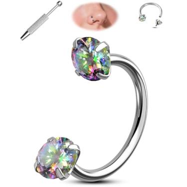 Imagem de Jewseen Anel de nariz de ferradura de titânio 20 g anel de nariz duplo para mulheres 6 mm roscado internamente ferradura septo joia aço cirúrgico hélice daith tragus argola para mulheres