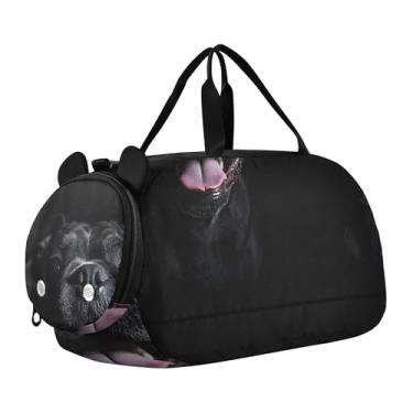 Imagem de Bolsa esportiva para meninos de fim de semana durante a noite, coalas abraçando chocolate, dia dos namorados, meninas, bolsas de viagem para crianças e danças, Retrato de buldogue preto feliz