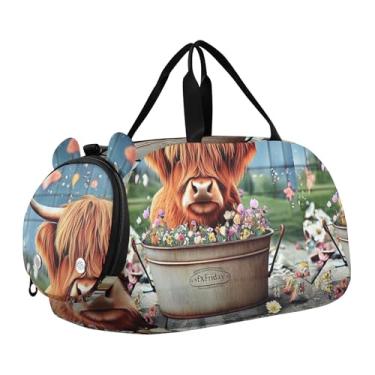Imagem de Bolsa esportiva escocesa Highland com flores de vaca para meninas, bolsa de viagem noturna, compartimento de sapatos para meninos, Flores de vaca escocesas Highland, Clássico