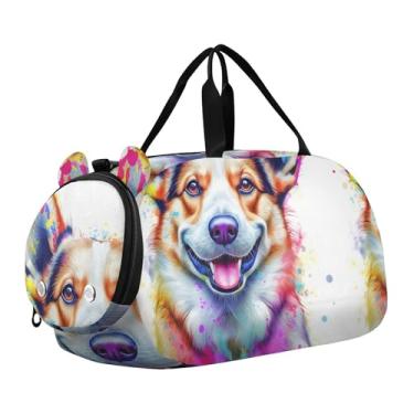 Imagem de Linda bolsa esportiva para meninos da floresta da família de cervos durante a noite, bolsa de viagem para meninas, bolsa de viagem com compartimento para sapatos, Corgi colorido para cachorro branco