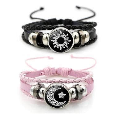 Imagem de 2 pulseiras luminosas para casais, sol, lua, ajustável, preta, trançada, amizade, joias românticas, presentes de aniversário