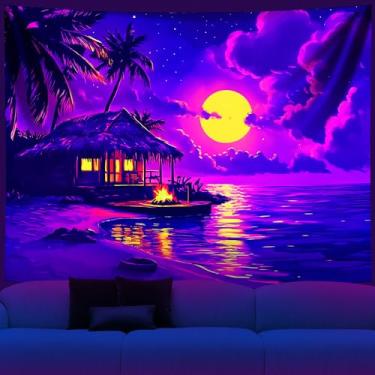 Imagem de NYZE Tapeçaria de luz negra que brilha no escuro, pôster legal, paisagem, decoração de parede fácil de pendurar para sala de estar, dormitório, casa (chalé de palha, 200,7 x 149,9 cm)