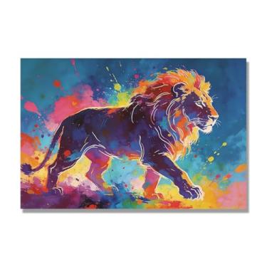 Imagem de NHLDZYH Respingo de tinta leão pintura em tela abstrata arte animal mural vívido chama a atenção para sala de estar decoração de casa moderna. A62. 50 x 75 cm. Apenas tela