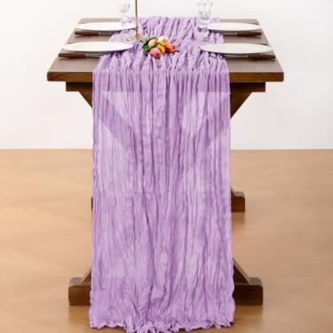 Imagem de Santaben Caminho de mesa de gaze rústico boho lilás de gaze 50 cm × 300 cm caminho de mesa de pano de queijo 3 m para festa de aniversário de inverno cerimônia de casamento chá de bebê decoração de