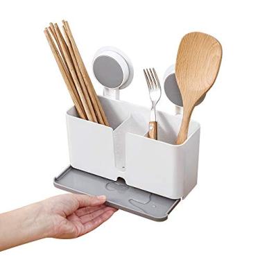 Imagem de Suporte Adesivo com Dreno Porta-Enxoval de Banheiro Ducha Sem Furar Prateleira Cozinha para Creme Dental Palitos Dentes Garfos Colheres Firme Econômic