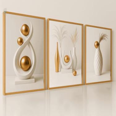 Imagem de Quadros Decorativos Modernos Trio Geométrico Dourado Branco Premium Sala Quarto(60x40)