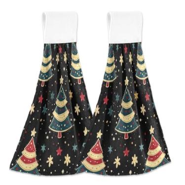Imagem de Blueangle 2 peças de toalhas de gravata penduradas com árvores de Natal de desenho animado toalha de mão toalha de mão absorvente de veludo coral macio pano para cozinha e banheiro (719)