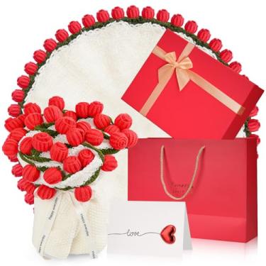 Imagem de LFZHAN Cobertor de flores de crochê feito à mão de 119 cm com caixa de presente e cartão, buquê floral para mãe, esposa, namorada, dia dos namorados, ideia de aniversário (vermelho)