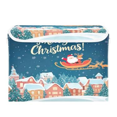 Imagem de SEHANY Linda caixa de armazenamento de Papai Noel de Natal com tampas e alças, organizador de cestas de armazenamento de tecido dobrável, caixas de armazenamento de cubos grandes para roupas, cobertor
