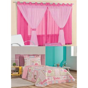 Imagem de Cortina Juvenil Quarto Menina e Colcha Matelada Sara - Pink - 100% Pol