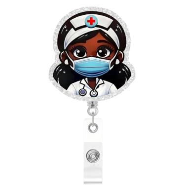Imagem de Carretel de crachá retrátil fofo para meninas negras, clipe de identificação com glitter engraçado, presente para enfermeira, médico, trabalhador de escritório, professor, amante de animais, jardim de