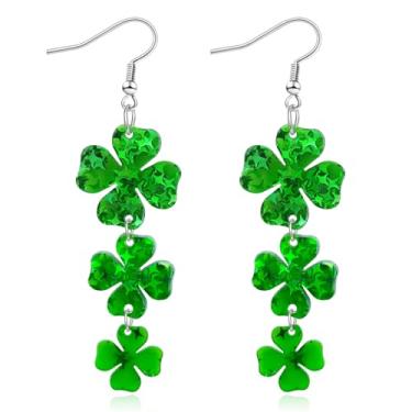 Imagem de Mintolex Brincos de trevo de Dia de São Patrício para mulheres, brincos pendentes de gota de trevo verde em acrílico festivo, acessórios para joias do Dia de São Patrício, Acrílico, Sem pedra preciosa