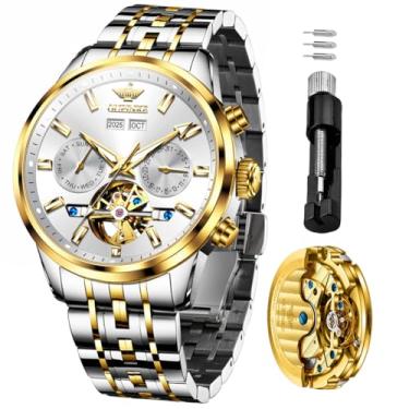 Imagem de OLEVS Relógios automáticos masculinos mecânicos para negócios, relógio de pulso com corda automática, vários calendários, aço inoxidável, à prova d'água, relógios de luxo masculinos, 3296 - dois tons