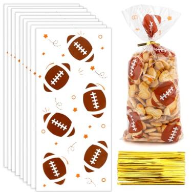 Imagem de Diueoly 200 peças de sacos de guloseimas de futebol, sacos de celofane de futebol, sacos de lembrancinha de doces, sacolas de plástico para presente de aniversário com laços torcidos para