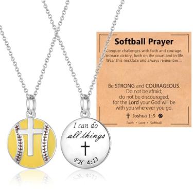 Imagem de EPIRORA Colar de softbol/futebol/vôlei, basquete, beisebol/tênis para meninas, 40,6 cm + 5 cm, colar com pingente de cruz, versículo bíblico de aço inoxidável, presente religioso para ela, Latão, Sem