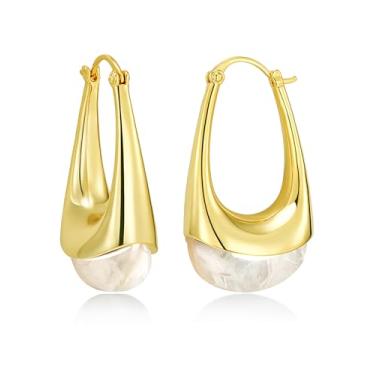 Imagem de SNGIA Brincos femininos longos ovais grossos banhados a ouro 18 K com pedras preciosas de resina colorida da SNGIA, (verde, marrom, azul, rosa, branco, creme), joias boêmias irregulares exageradas