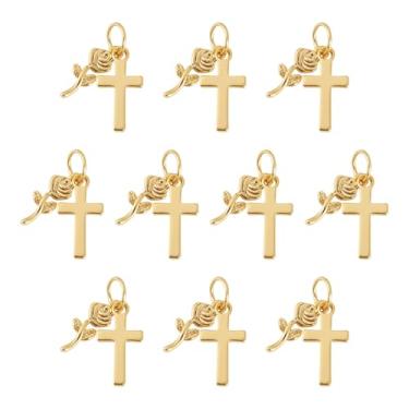 Imagem de Cheriswelry 10 peças, pingente de cruz banhado a ouro 18K, crucifixo, cruz de metal, pingente de flor rosa, 31 mm, para colar DIY, brincos, pulseira, chaveiro, fabricação de joias