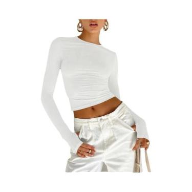 Imagem de Camiseta Cropped Feminina De Manga Longa Com Decote Redondo E Abertura