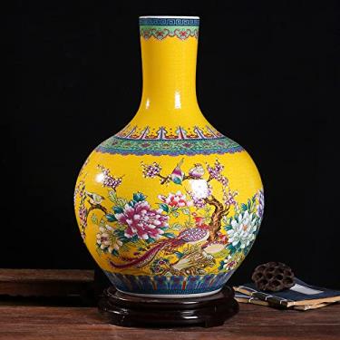 Imagem de Jingdezhen Vaso de cerâmica fundo amarelo, peônia, pavão, grande recompensa garrafa cerâmica decoração de casa decoração de artesanato presente (B)