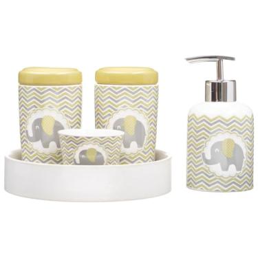 Imagem de Kit Higiene Bebê Porta Algodão Dispenser Líquido Banheiro Quarto Elefante Bb (Amarelo)