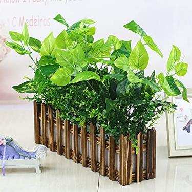 Imagem de SLGGPJBU Plantas artificiais em vasos de plantas artificiais em vaso de madeira arranjo de plantas verdes artificiais em caixa de plantador de madeira retangular plantas artificiais em vasos