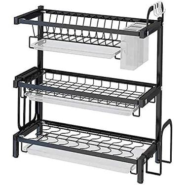 Imagem de U5GAAALPPQ9 Escorredor de pratos escorredor de pratos 2/3 camadas escorredor de pratos de cozinha multiuso armazenamento cromado escorredor suporte de placa (cor: preto, tamanho: 3 camadas) (preto 3