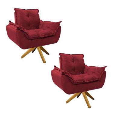 Imagem de kit 02 Poltronas Opala Base Giratória de Madeira Suede Vermelho - Doce