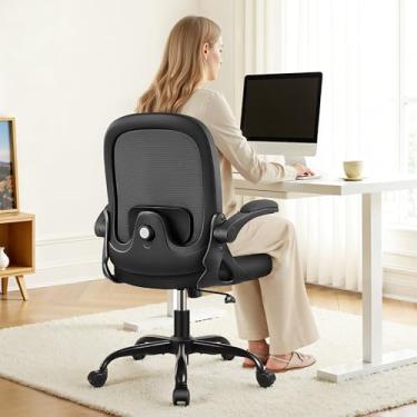 Imagem de Primy Cadeira de escritório ergonômica com suporte lombar 3D ajustável e altura, cadeira de computador de malha confortável com apoios de braços flip-up, cadeira giratória com rodas para escritório em