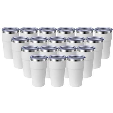 Imagem de MEWAY Caneca de viagem isolada a vácuo de parede dupla de 473 ml, copos de aço inoxidável com tampa, copos de café revestidos em pó para bebidas frias e quentes (branco, pacote com 18)
