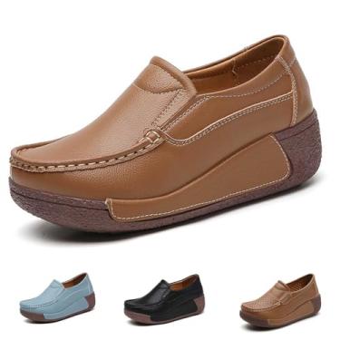 Imagem de Mocassim feminino plataforma sem cadarço moderno, leve, confortável, respirável, bico redondo, plataforma baixa, Marrom, 33