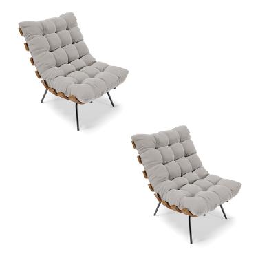 Imagem de Kit 02 Poltronas Costela Veludo Cinza Base Metálica Preto - D'Rossi