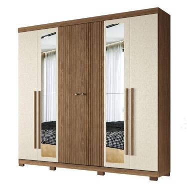 Imagem de Guarda Roupa Casal Ripado 6 Portas Buriti com Espelho e Pés Jatobá Areia Acetinado - Santos Andirá