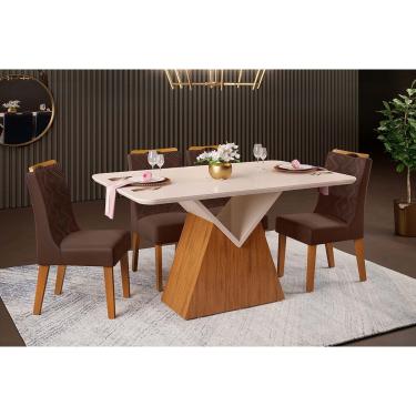 Imagem de Conjunto: Mesa de Cozinha Argo c/ Tampo Madeirado c/ Vidro Curvo 136x90cm e 4 Cadeiras Stela Freijo/Off White - Suede Moca - DJ Móveis