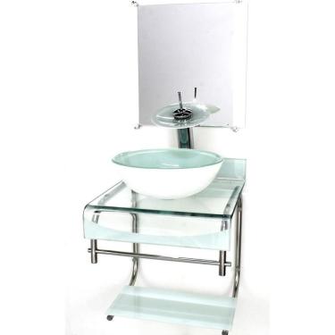 Imagem de Gabinete Vidro 40Cm Banheiro Curvado Duplo Inox Cuba Redonda