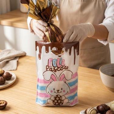 Imagem de 50 Sacolas Feliz Páscoa Coelhinho Embalagem Ovo Páscoa Chocolate Confe