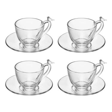 Imagem de Cj 4 Xícaras P/Café C/Pires de Cristal Bird Transparente 80ml Wolff
