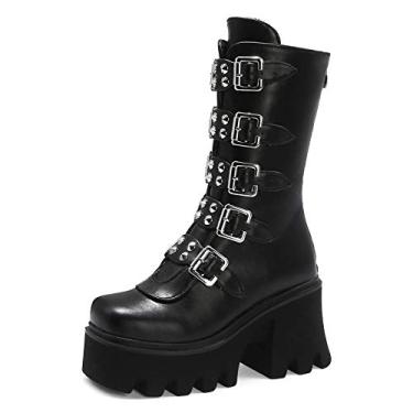 Imagem de YIYA Botas femininas góticas plataforma preta cravejadas largas cano médio combate punk, bico redondo, fivela, salto grosso, zíper traseiro, sola grossa, botins no tornozelo, 1 preto, 38
