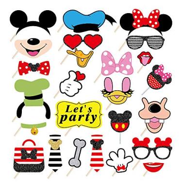 Imagem de Acessórios para cabine de foto Kristin Paradise com 25 peças, adereços de selfie com tema de Mickey, acessórios para festa de aniversário da Minnie, decorações de fundo para fotografia