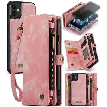 Imagem de ZORSOME Capa carteira para iPhone 11,2 em 1 couro premium destacável PU com 8 compartimentos para cartões, bolsa magnética com zíper, alça de pulso para mulheres, homens, meninas, rosa