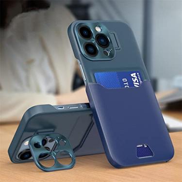 Imagem de Caixa de telefone com suporte invisível para suporte de cartão de couro de luxo para iPhone 14 13 12 Pro Max Mini capa protetora de lente de metal, verde escuro, azul escuro, para iPhone 14 Pro