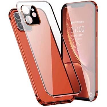 Imagem de ANZOAT Capa de telefone de vidro flip magnético, capa de telefone com moldura de metal de vidro temperado dupla face transparente para Apple iPhone 12 Mini (2020) 5,4 polegadas (cor: laranja)