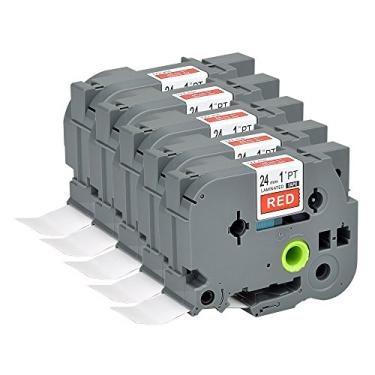 Imagem de Compatível P Touch Label Maker Tape Pacote com 5 TZ455 TZe 455 Branco em Vermelho TZ TZe Cartucho Label Orison Recargas Autoadesivas de Cassete 24 mm x 8 m