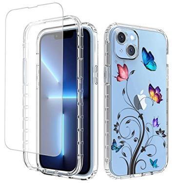 Imagem de Vavies Capa para iPhone 14 Plus 2022 com protetor de tela de vidro temperado, capa de telefone transparente flexível com design floral para Apple iPhone 14 Plus de 6,7 polegadas (árvore borboleta)