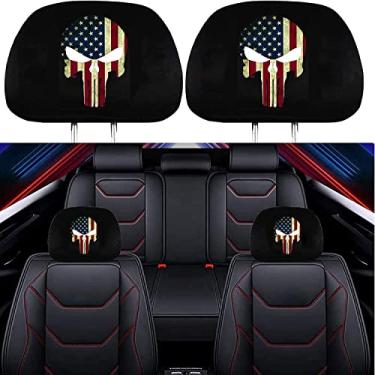 Imagem de GODTERA Pacote com 2 capas de encosto de cabeça para bandeira de caveira americana, acessórios de capa de assento de tecido preto macio protetor de encosto de cabeça de carro ajuste universal para todos os modelos de carros/caminhão (bandeira de caveira americana A)