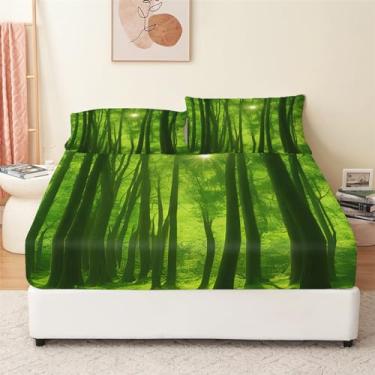 Imagem de Bhoyctn Jogo de lençol King de microfibra, 4 peças, estampa verde floresta, para todas as estações, com bolso extra profundo de 40,6 cm - 1 lençol com elástico, 1 lençol de cima, 2 fronhas