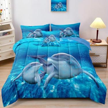 Imagem de Jogo de cama solteiro com estampa de golfinho, lençol de cima, lençol com elástico, lençol de cima, lençol com elástico, capa de almofada, solteiro, 5 peças