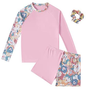 Imagem de Conjunto de 2 peças de roupa de banho de manga comprida para meninas Rash Guard, roupa de banho de surf de secagem rápida para crianças de 5 a 14 anos, rosa, 5-6 Anos