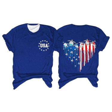 Imagem de Camiseta feminina bandeira americana 4th of July Shirts Stars Stripes Heart Graphic Túnica manga curta camiseta patriótica, Azul, G